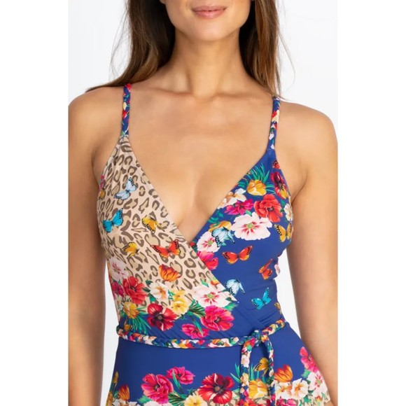 Johnny Was Fleur Braid Wrap One Piece Swimsuit XS M Butterfly Floral Print Belt - Picture 5 of 7